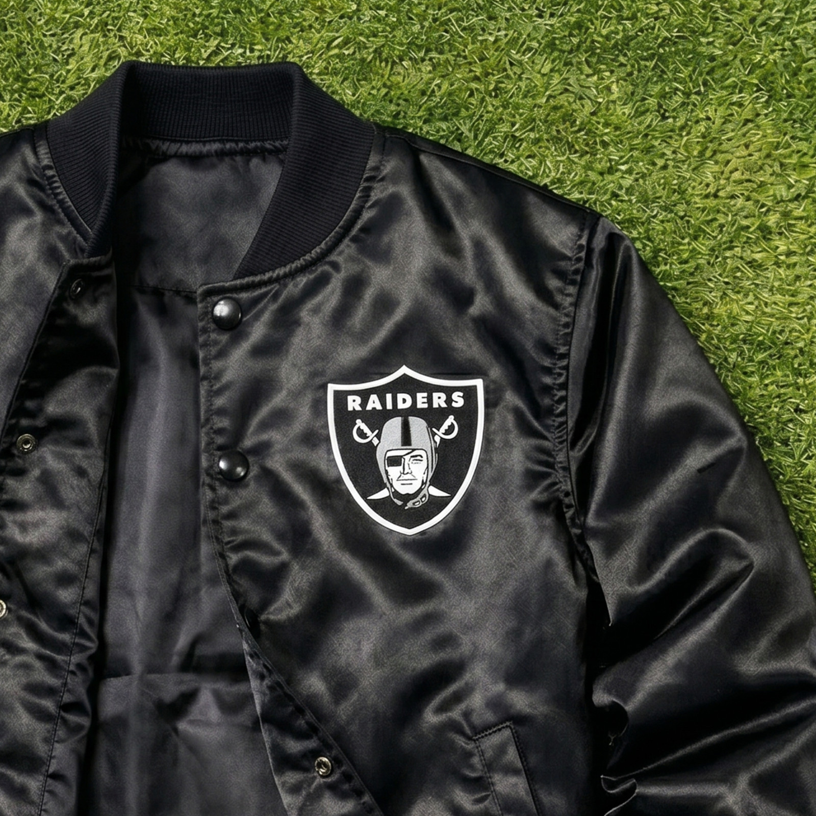 Mens Oakland Raiders Black Satin Bomber Letterman Varsity Baseball Snap Jacket