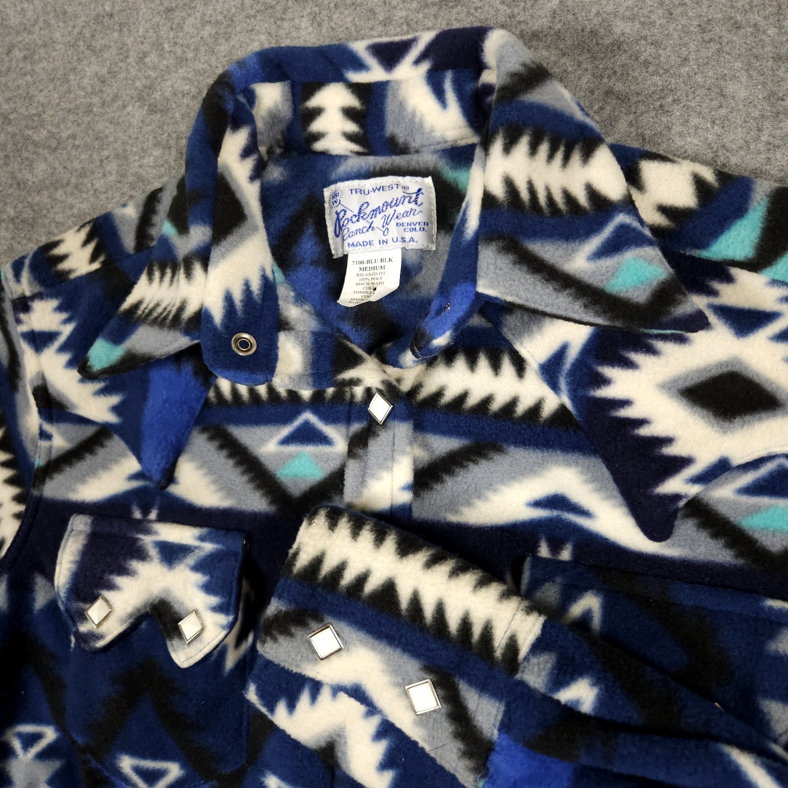 Rockmount Ranchwear Shirt Medium Men Western Blue Southwest Aztec USA Pearl Snap