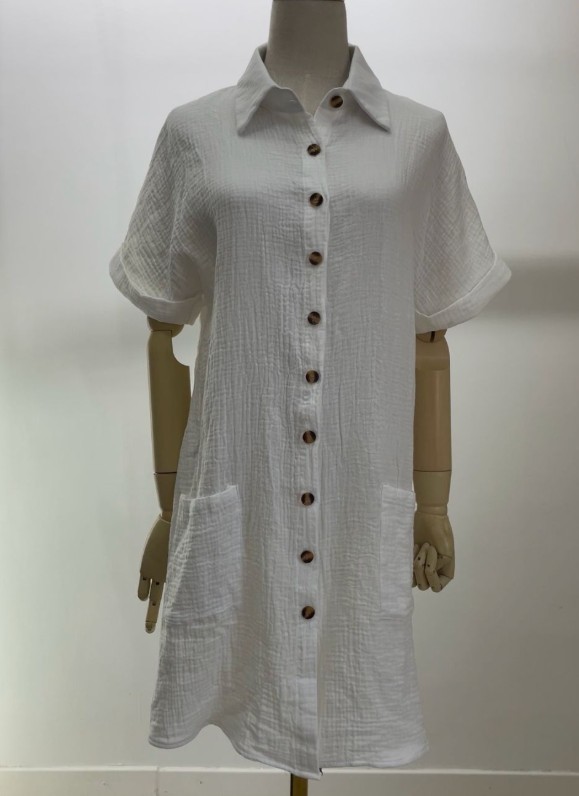 V Neck Button Front Midi Dress Short Sleeve Cotton Casual A Line Sundress