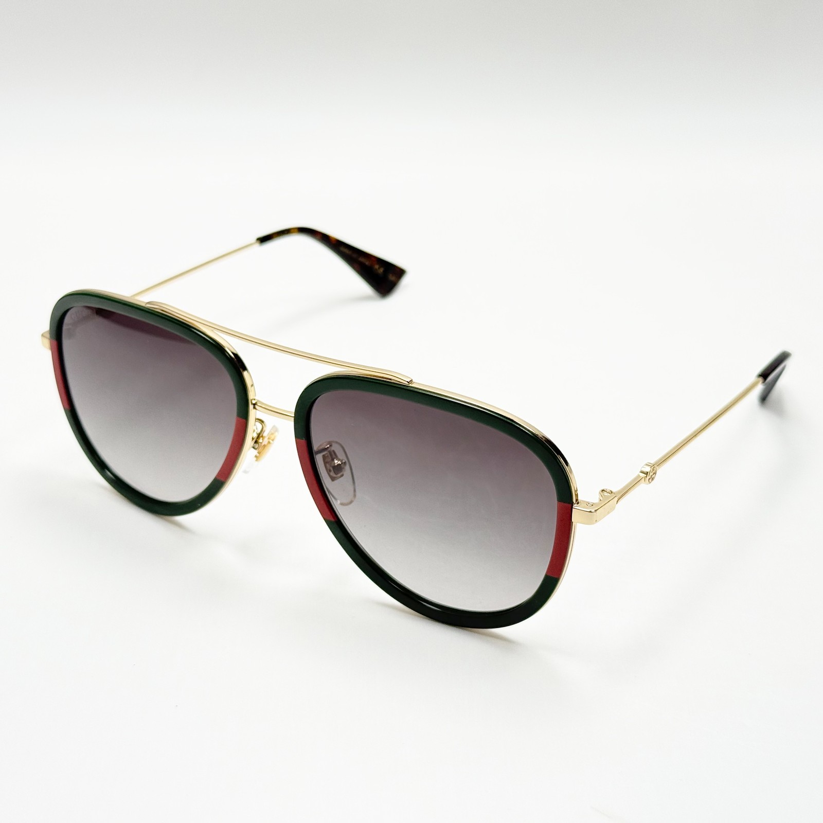 Gucci GG0062S 003 Aviator Sunglasses Green Red Gold Frame Gray Lens 57mm