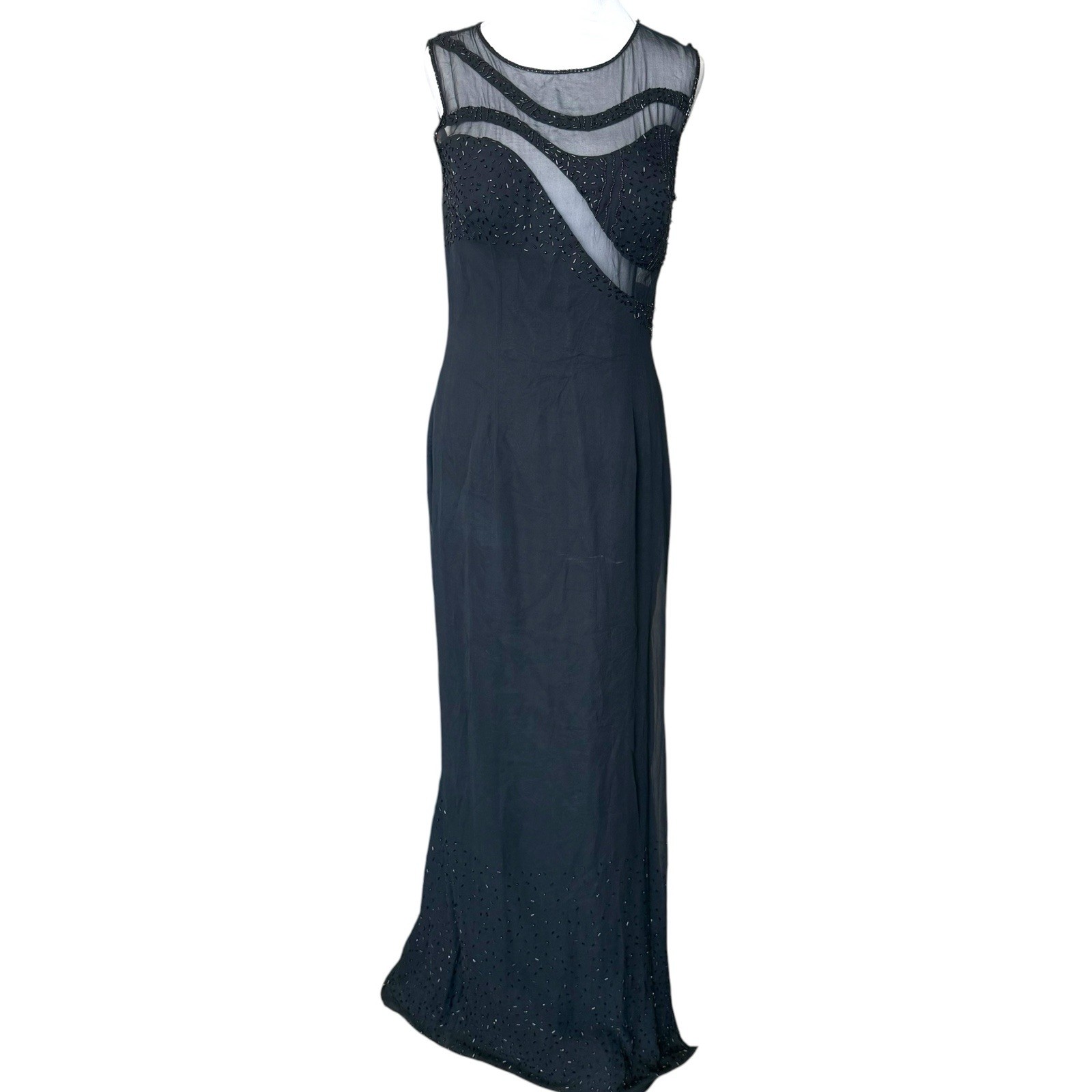 VTG Scala 100% Silk Black Beaded Evening Gown Mesh Cut Out Y2K Fairy Whimsigoth