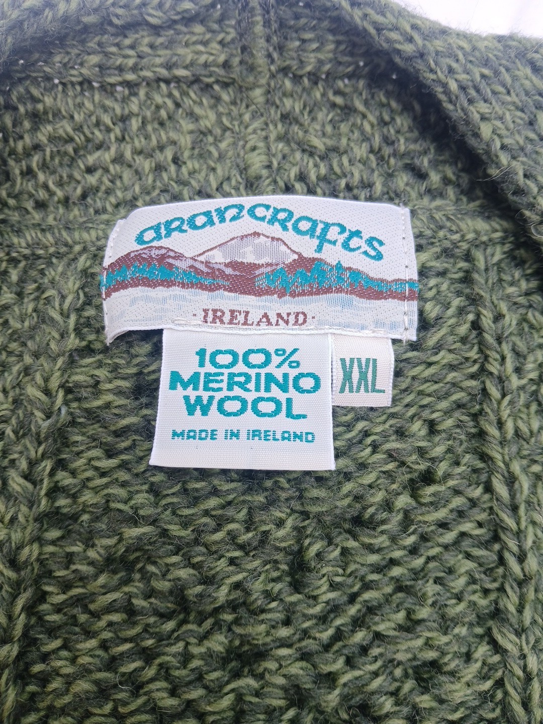 Aran Crafts Ireland Merino Wool Open Cardigan XXL Green Cable Fisherman Sweater