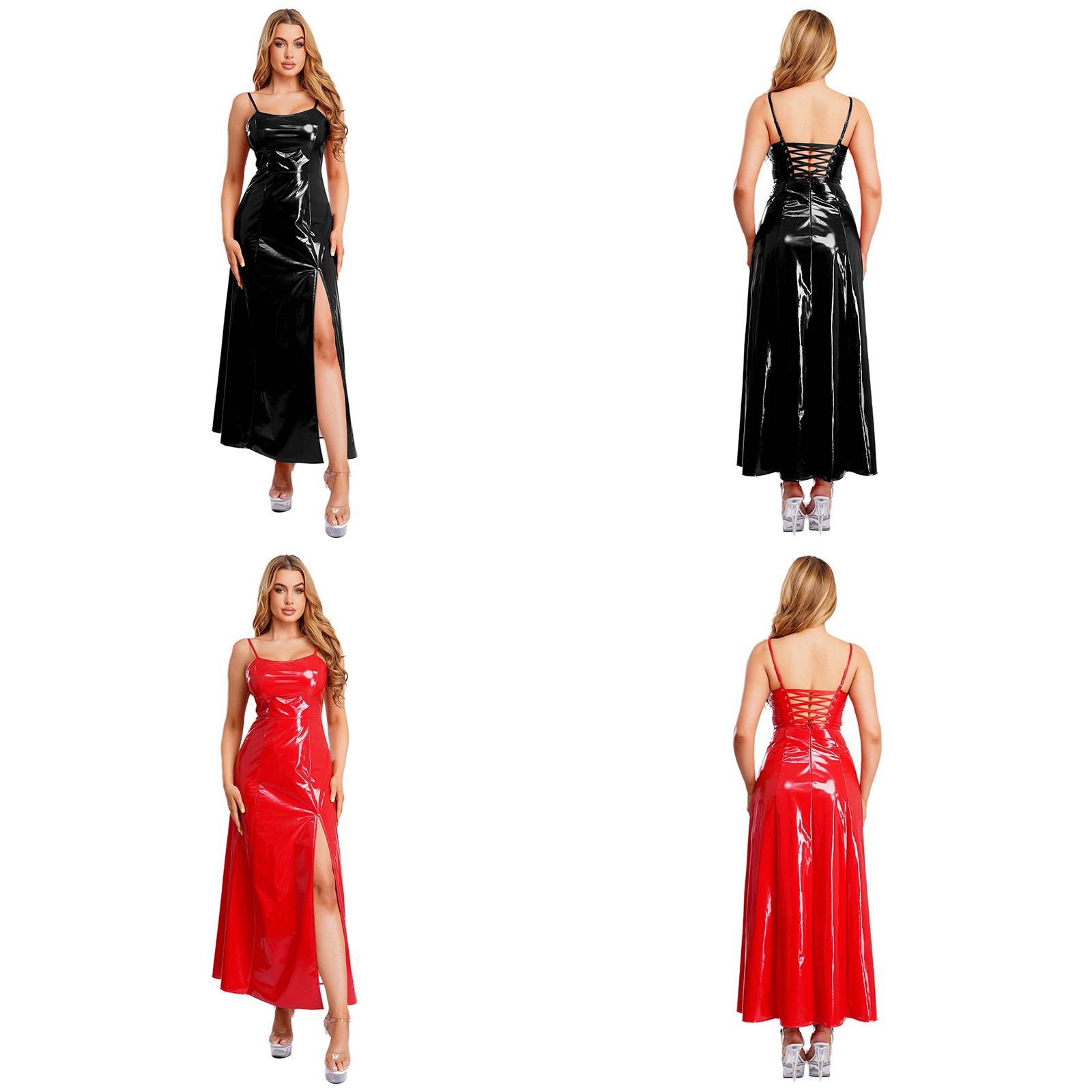 Women’s Wet look Shiny Leather Dress Sleeveless Lace-up Bodycon Party Clubwear