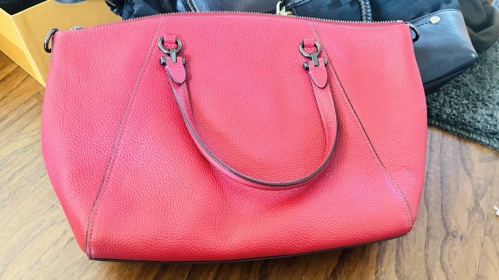 Coach Pink Pebbled Zip Top Satchel Top Handle Double Handles Lined Charm