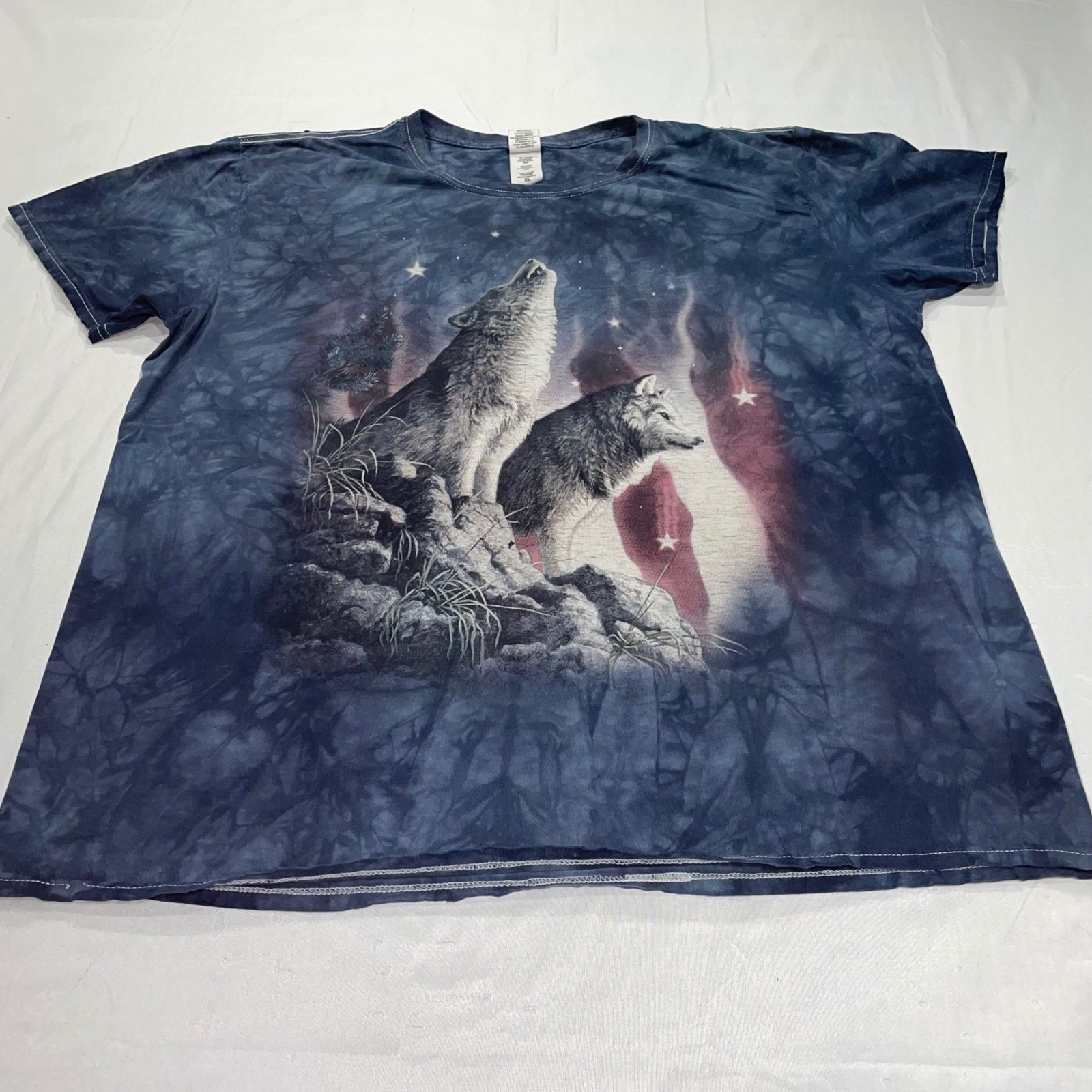 Gildan Softstyle Wolf Howling Tie Dye Graphic T-Shirt Blue Mens XL Nature Tee