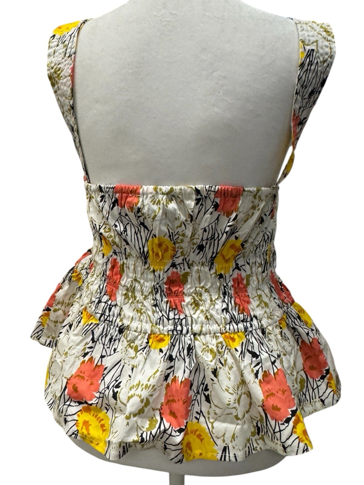 NWT BCBG Max Azaria Floral Coral & Yellow On White Ruched Peplum Tank Top US S