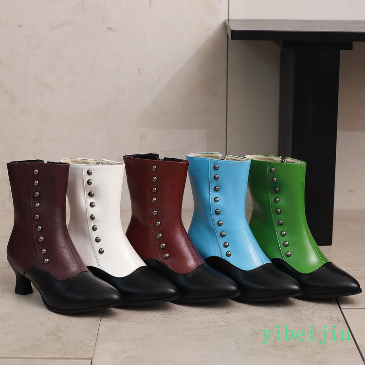 Womens Low Kitten Heel Patchwork Ankle Boots Buttons Leather Shoes Two Tone 2026