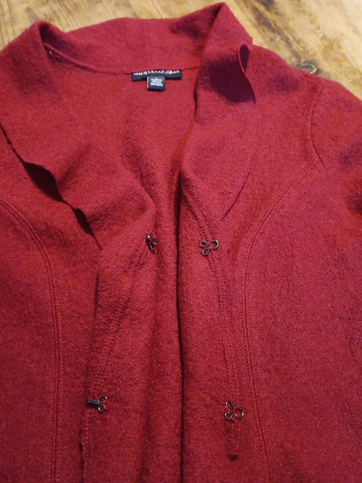 Monterey Bay Women L Sweater Clasp Front Red Ruffle 100% Boiled Wool Long Sleeve