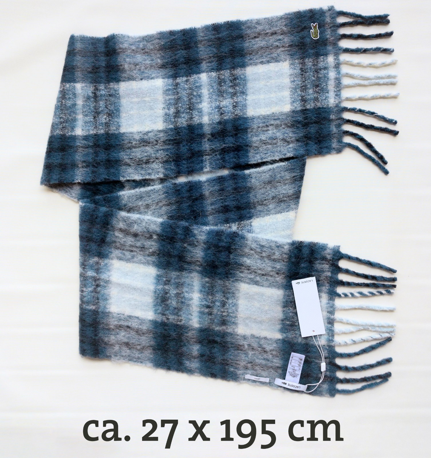 NP~$130 Lacoste Alpaca Scarf, Soft, Thick, Hairy! checked blue grey, warm scarf