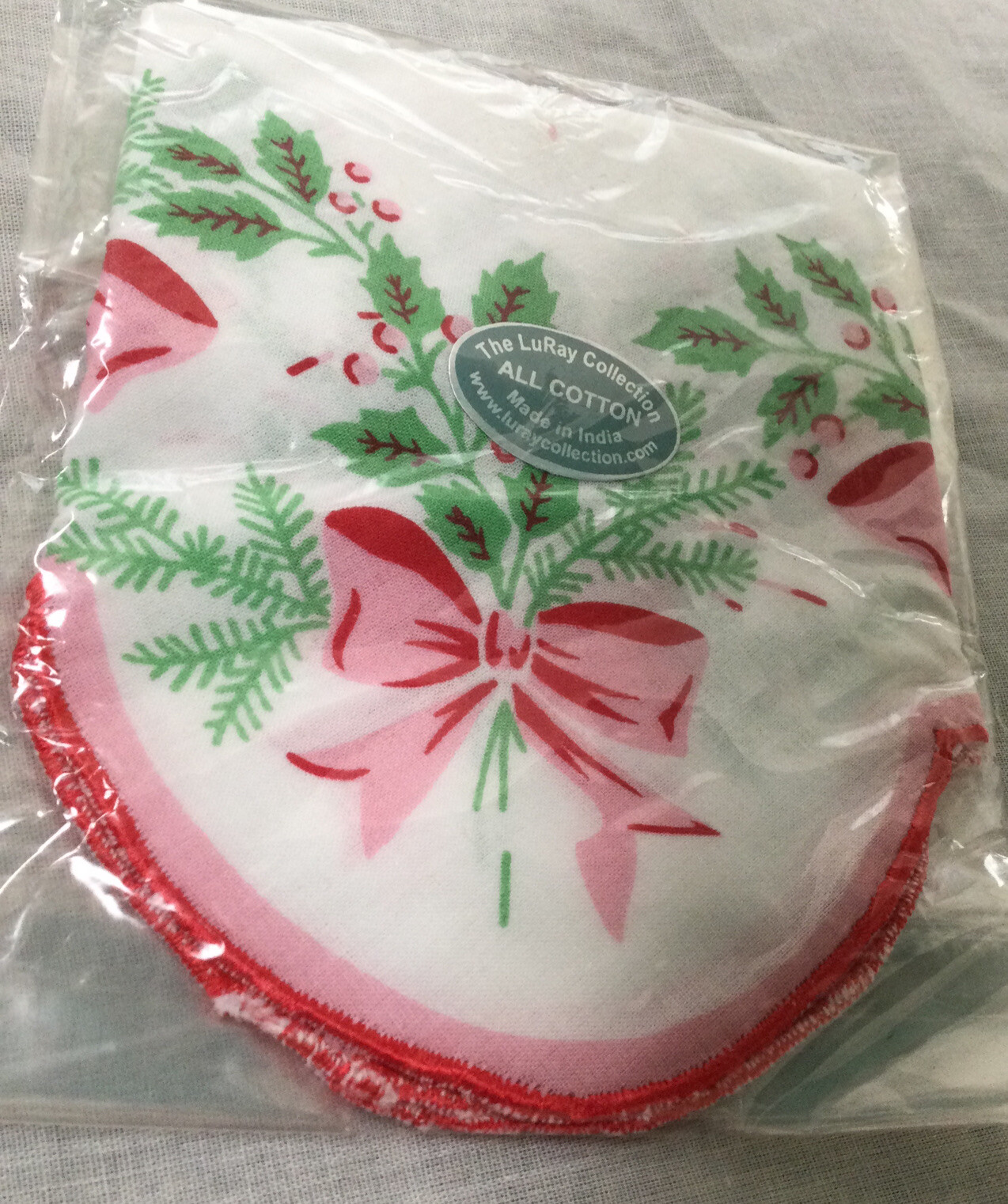 New Holly Bouquet Christmas Holiday Handkerchief ~ Cotton ~ LuRay Hankie
