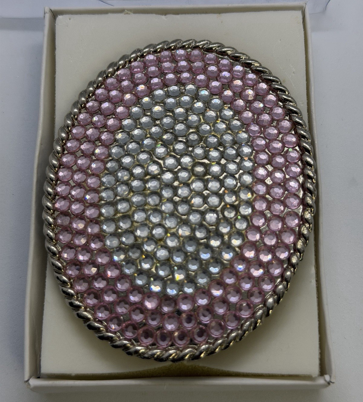 Vintage Pink & Silver Rhinestone Metal Belt Buckle Textured Disco Look 3.5in