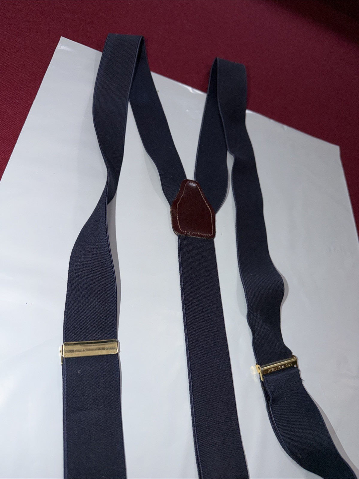 Vintage CAS W Germany BLUE Suspenders BROWN Leather Button Tab Braces Y strap OS