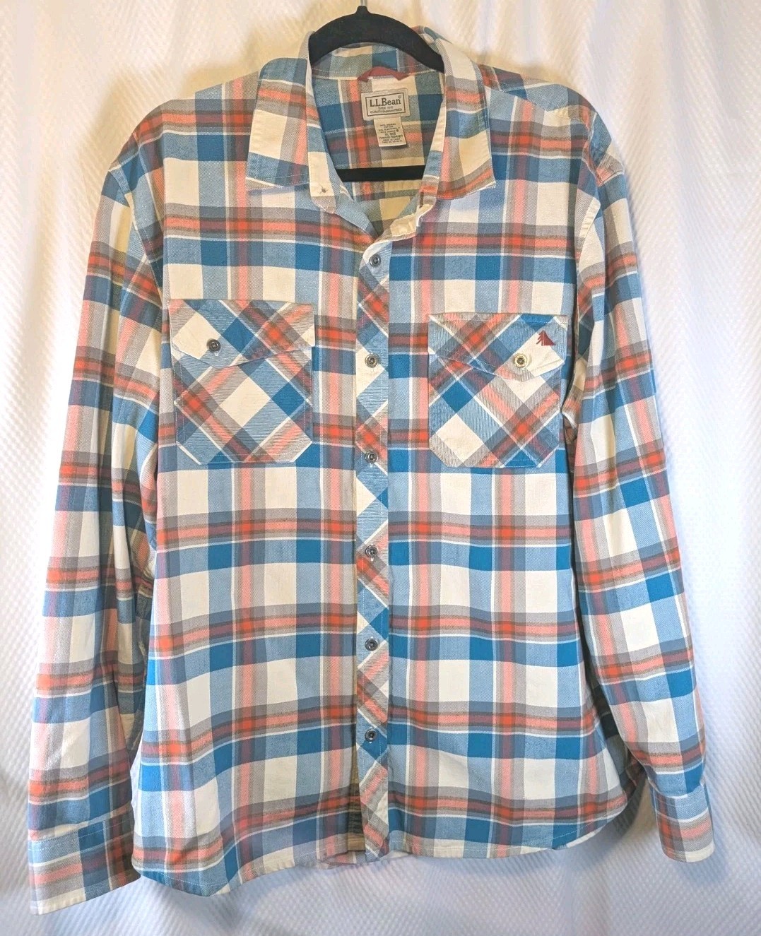 LL Bean Flannel Blue Orange Plaid Elbow Pads Organic Cotton 504187 Mens XL