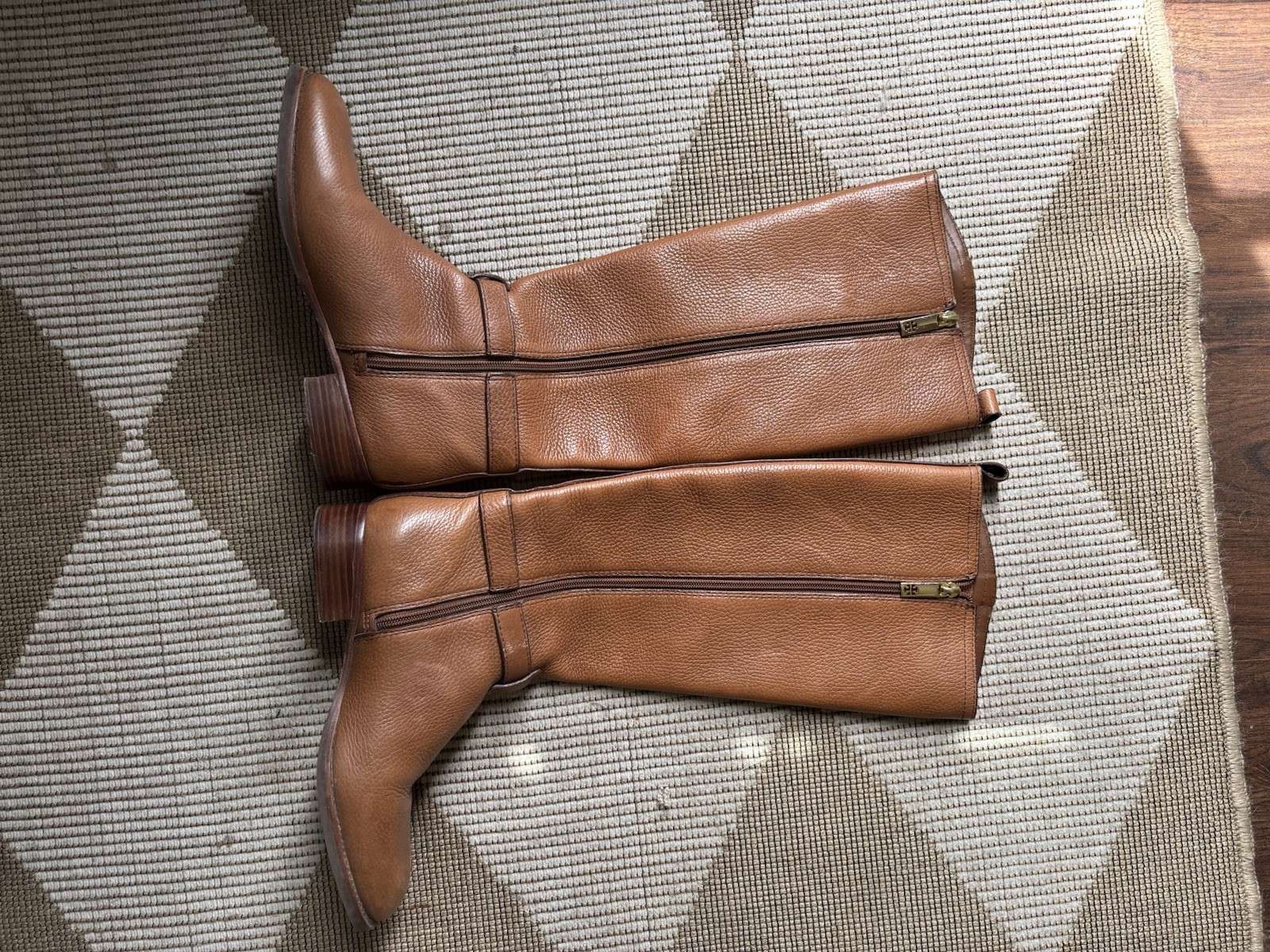 Tory Burch Amanda Brown Leather Knee High Riding Boots Zip Logo Womens 7.5M