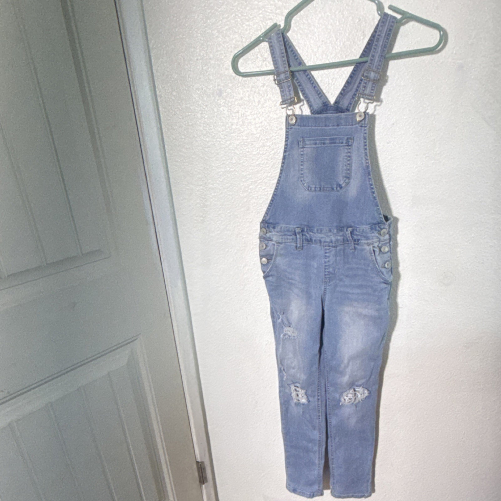 SO Women’s Blue Denim Overall Jumpsuit Button Stretch Straight Leg Size 12