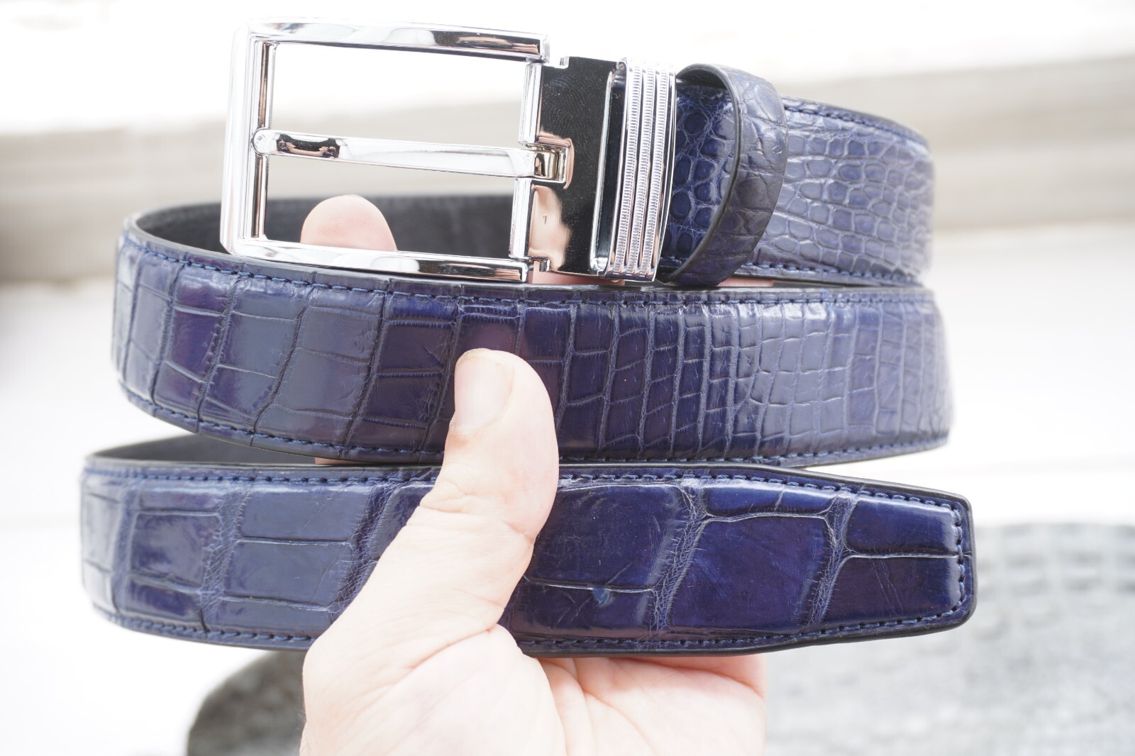 W1.3 inch Blue Real Crocodile Belly Leather Skin Men’s Belt Pin Buckle #L52