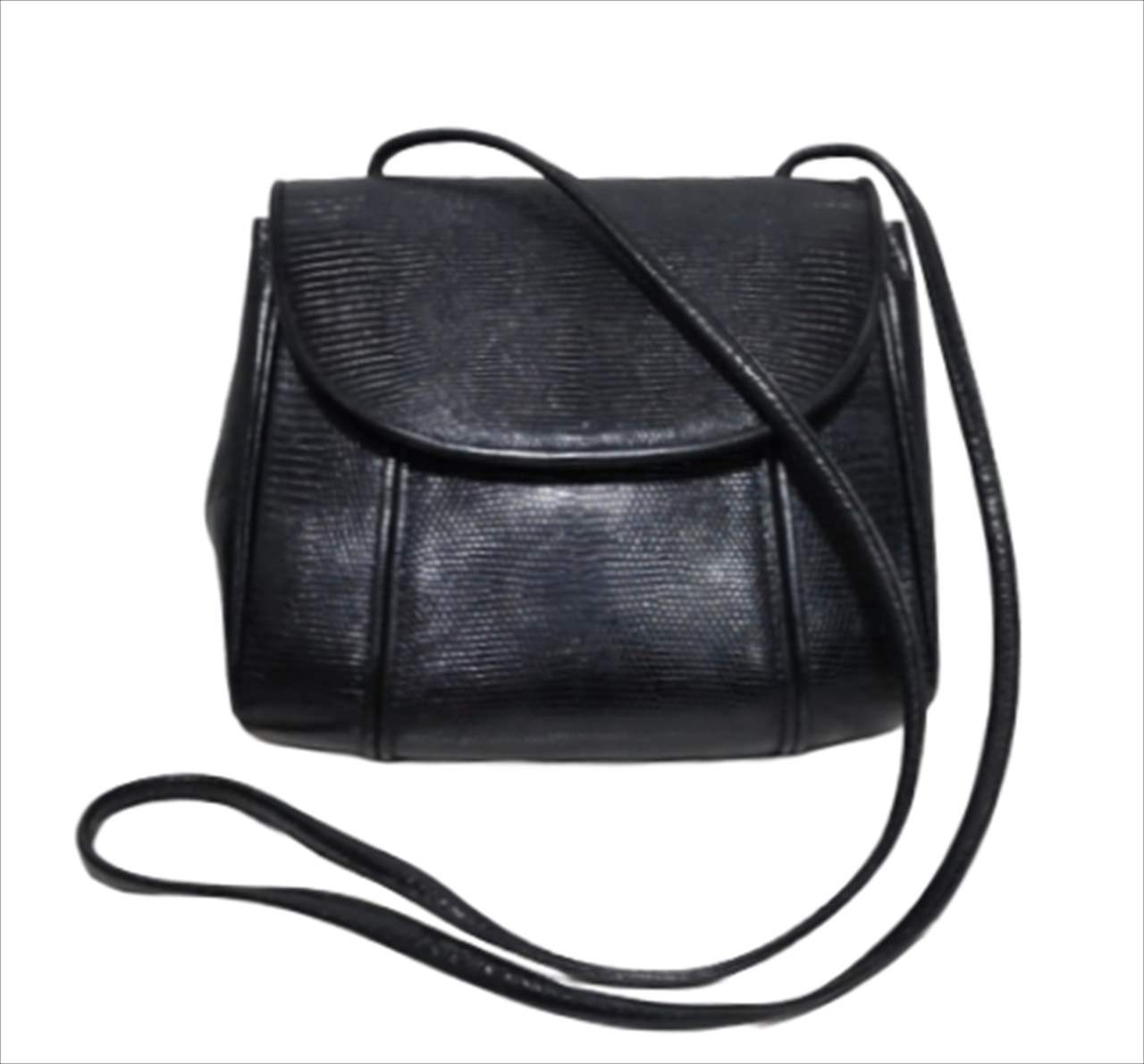Yves Saint Laurent Shoulder Bag Lizard YSL Leather Black Size:W:7.9 × H: 6.7 in.
