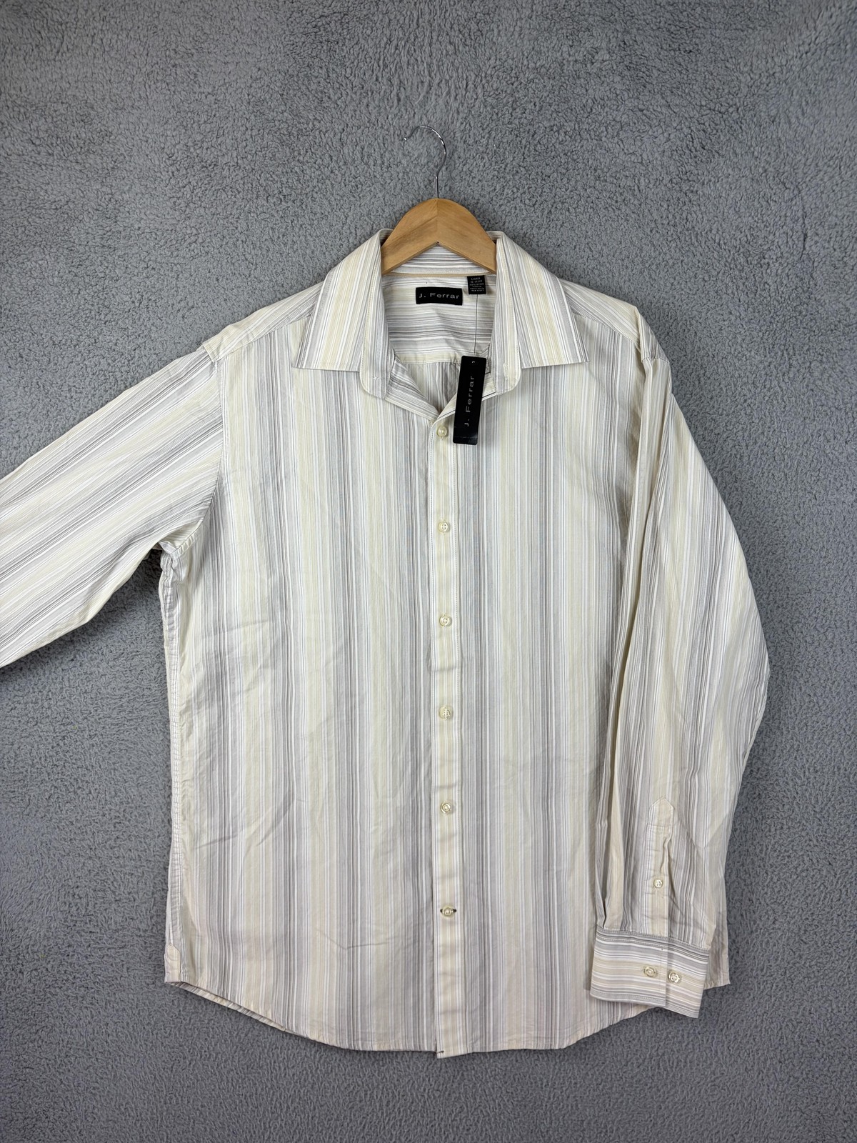 J. Ferrar Shirt Mens Large 16.5 Yellow Multi Stripe Dress Long Sleeve Mens New