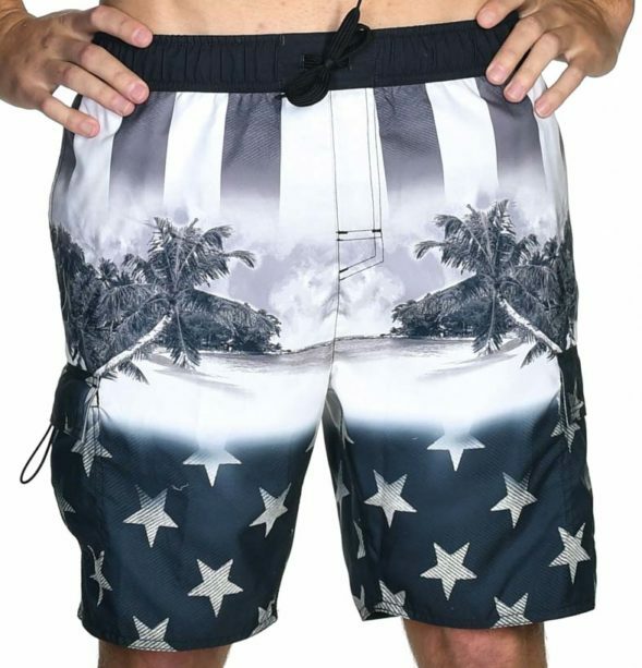 Freedom Beach Tropical American Flag Patriotic USA Swim Board Shorts MN-155-BLK