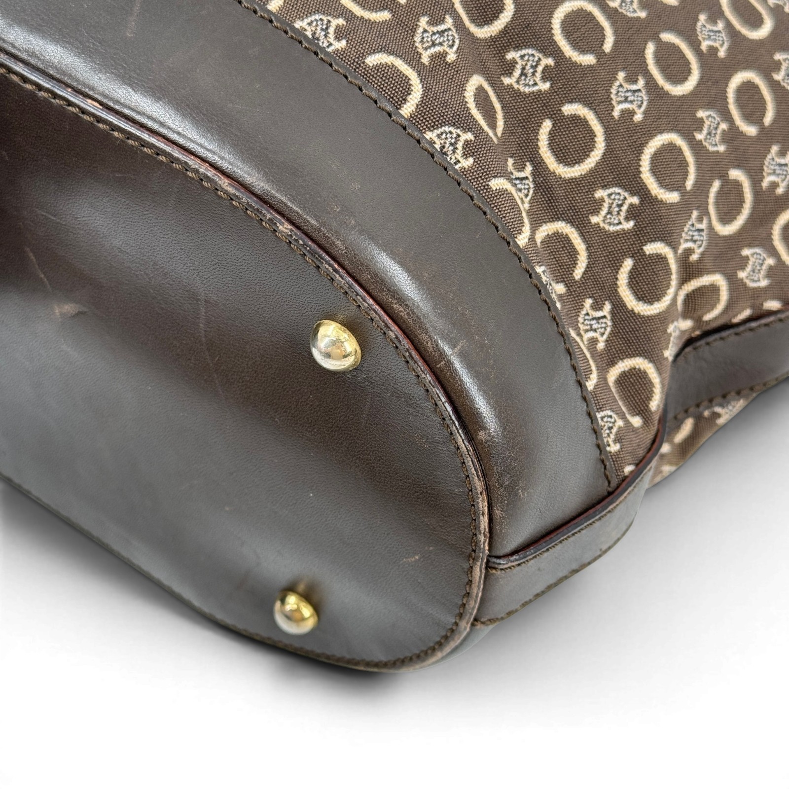 Auth Vintage CELINE C Macadam Pattern Tote Bag Canvas Leather Brown Purse