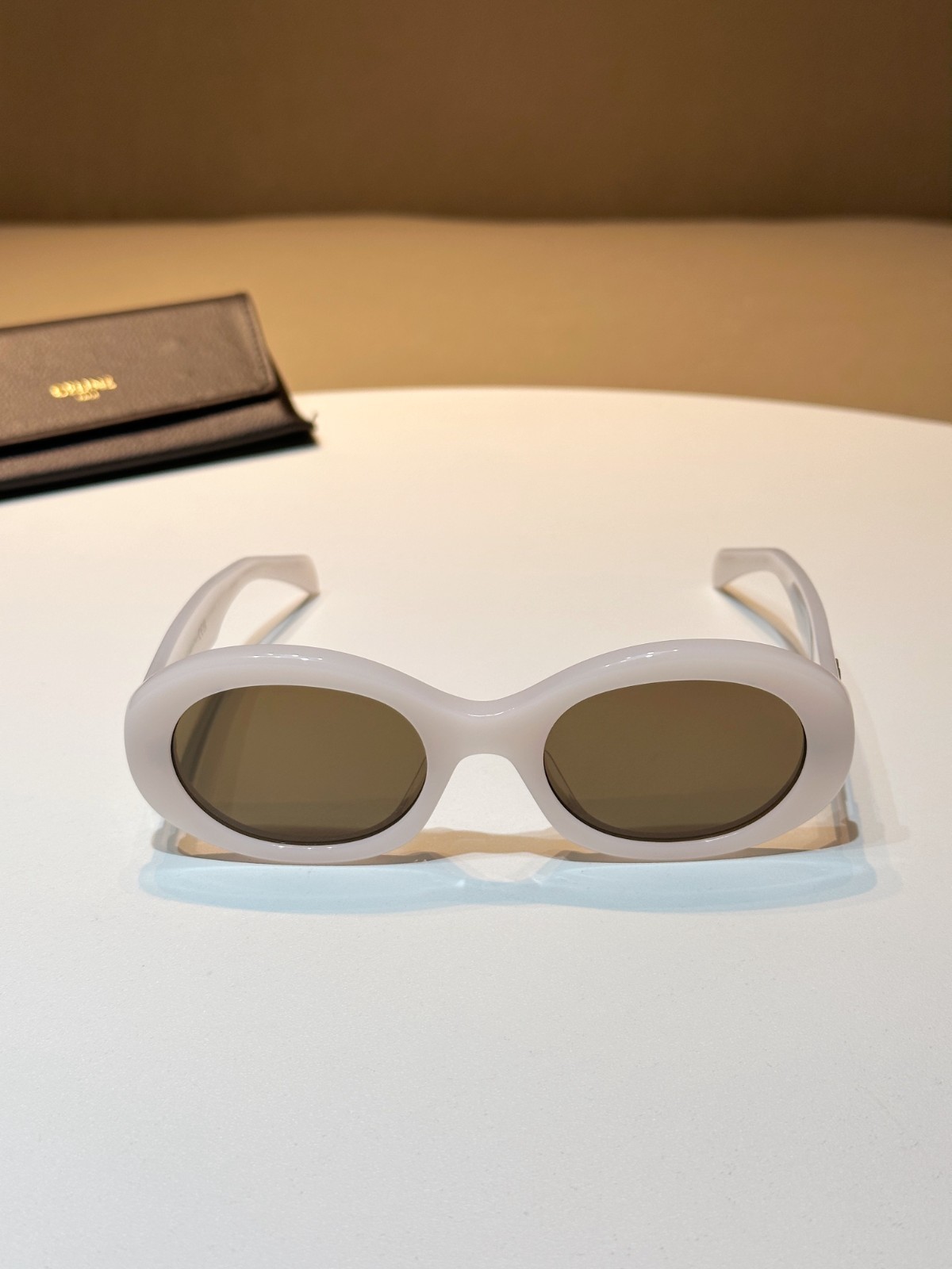 Celine Triomphe Oval Sunglasses Off-White Acetate Gold Logo Designer Chic