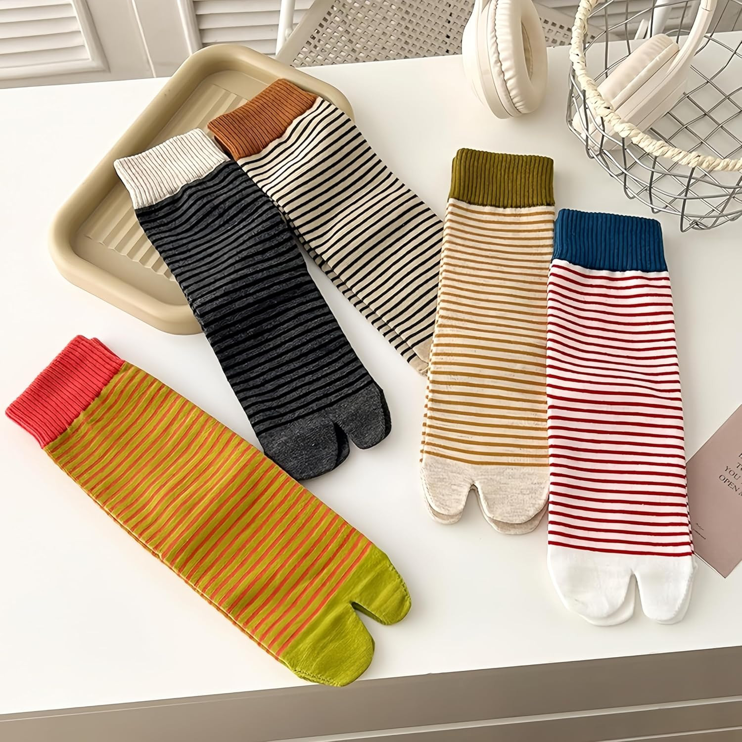 5 Pairs Colorful Striped Flip Flops Socks for Women Cotton Casual Tabi Socks for