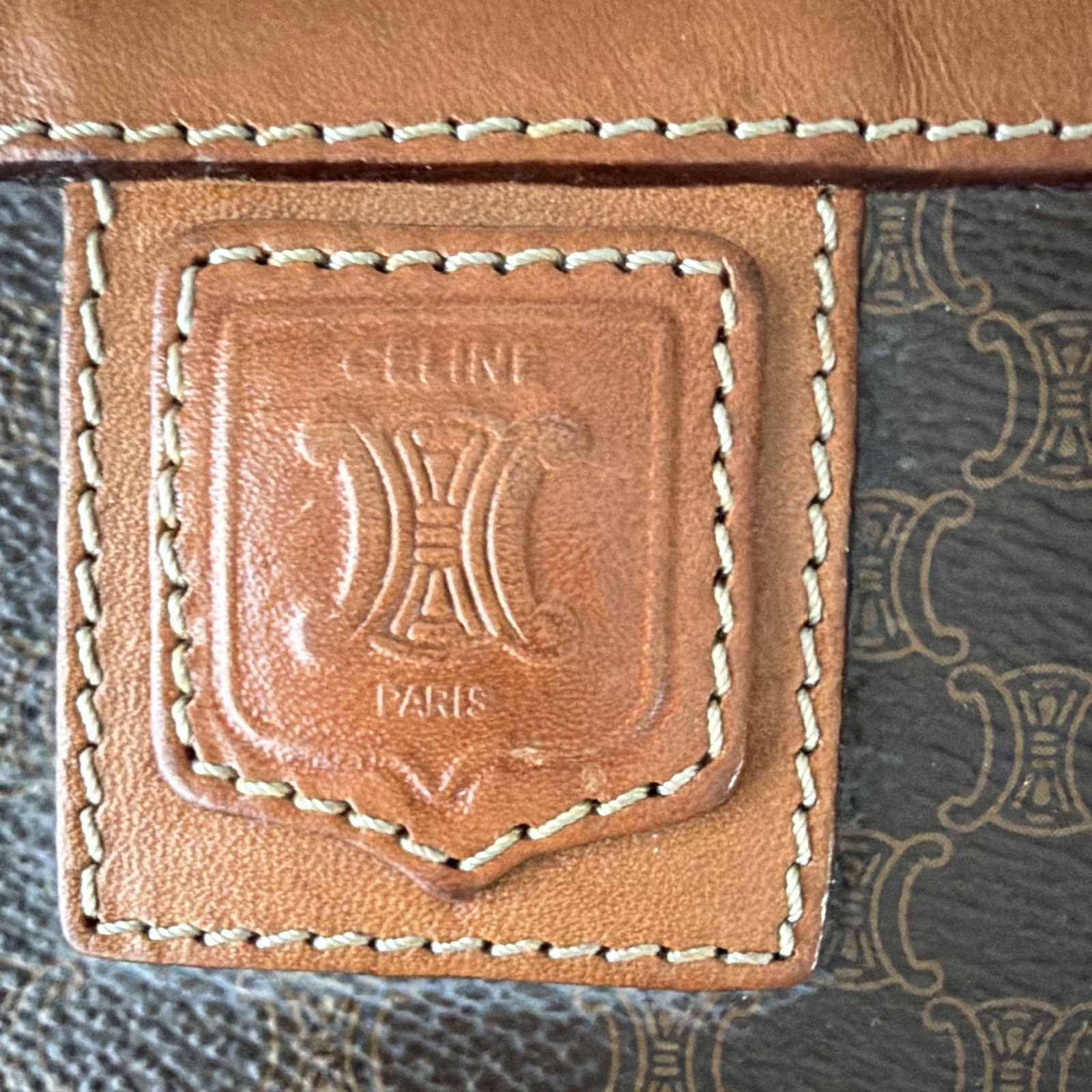 ⁠Vintage CELINE Macadam Canvas Clutch Pouch Wristlet Brown Tan Leather Trim
