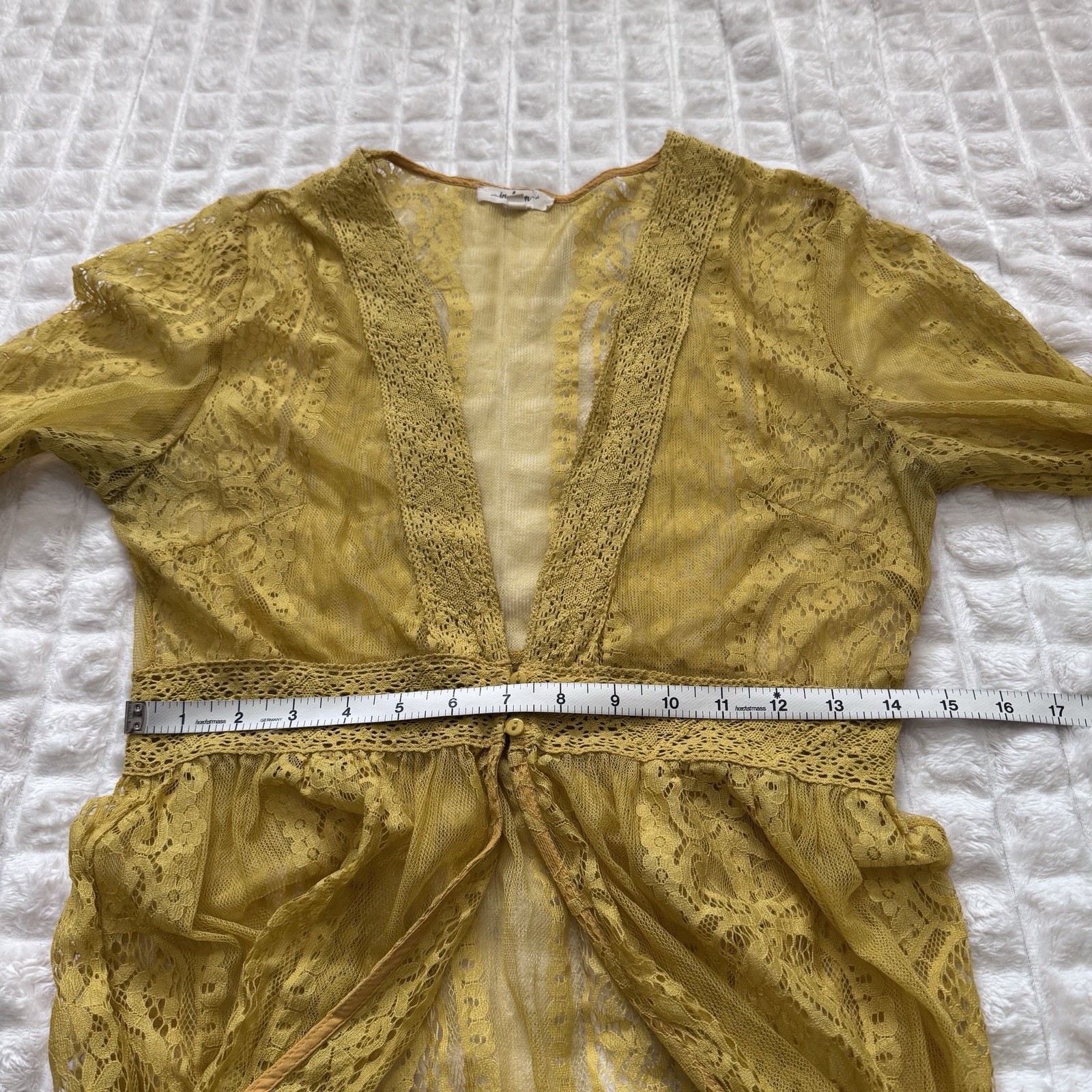 Medium Golden Mustard Yellow Sheer Lace Kimono Duster Long Bell Sleeves Boho