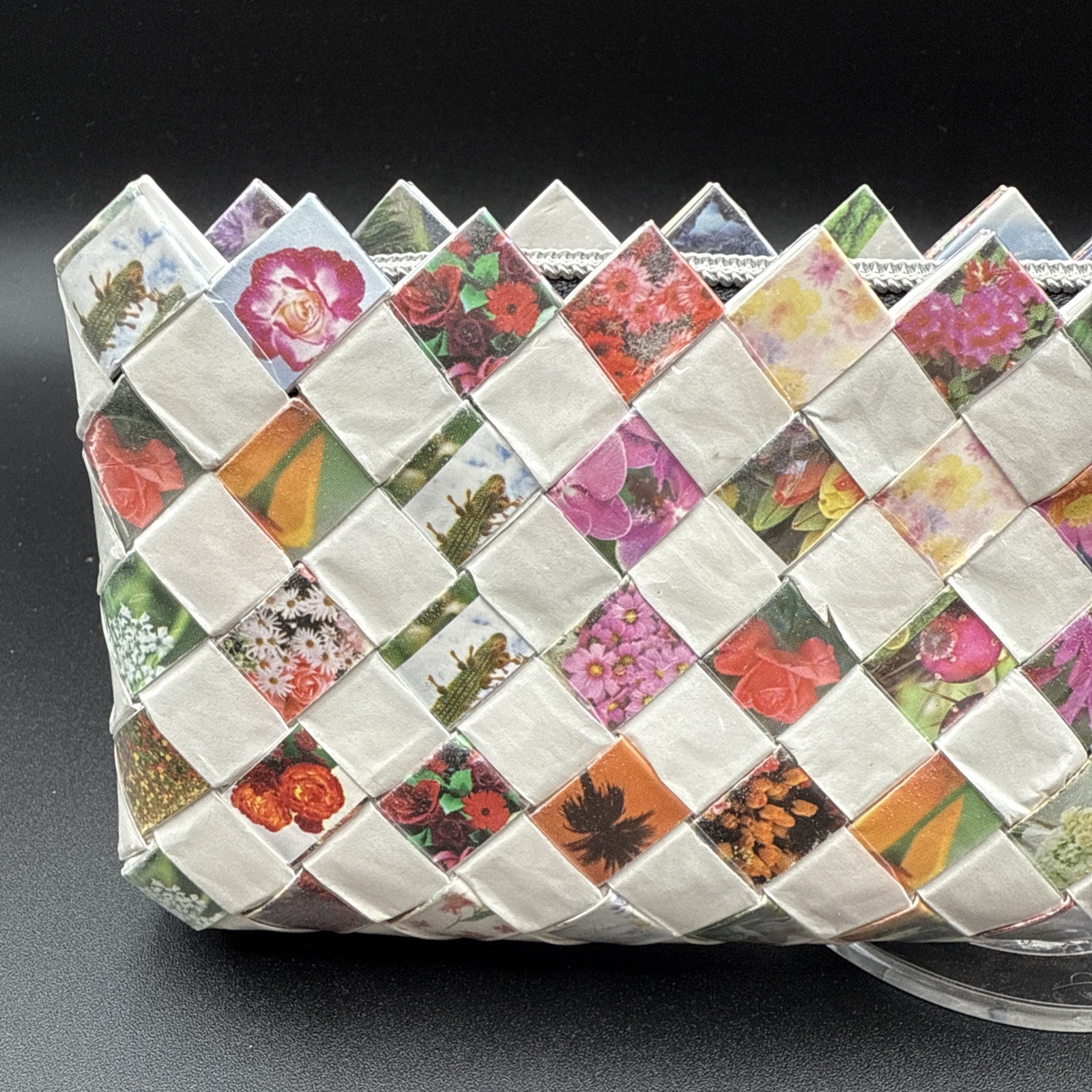 Nahui Ollin White And Floral Candy Wrapper Clutch Purse Wristlet Zip Top Woven