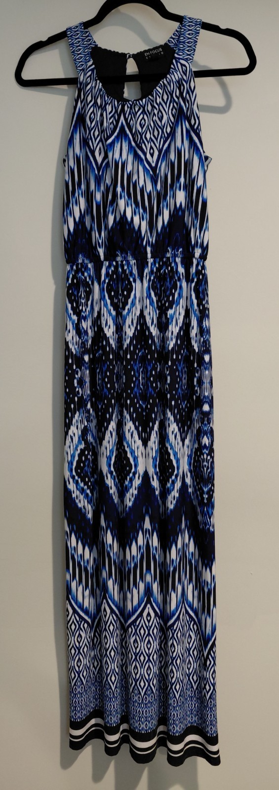 En Focus Studio Maxi Dress Size 4 Blue White Ikat Print Sleeveless Keyhole Tall