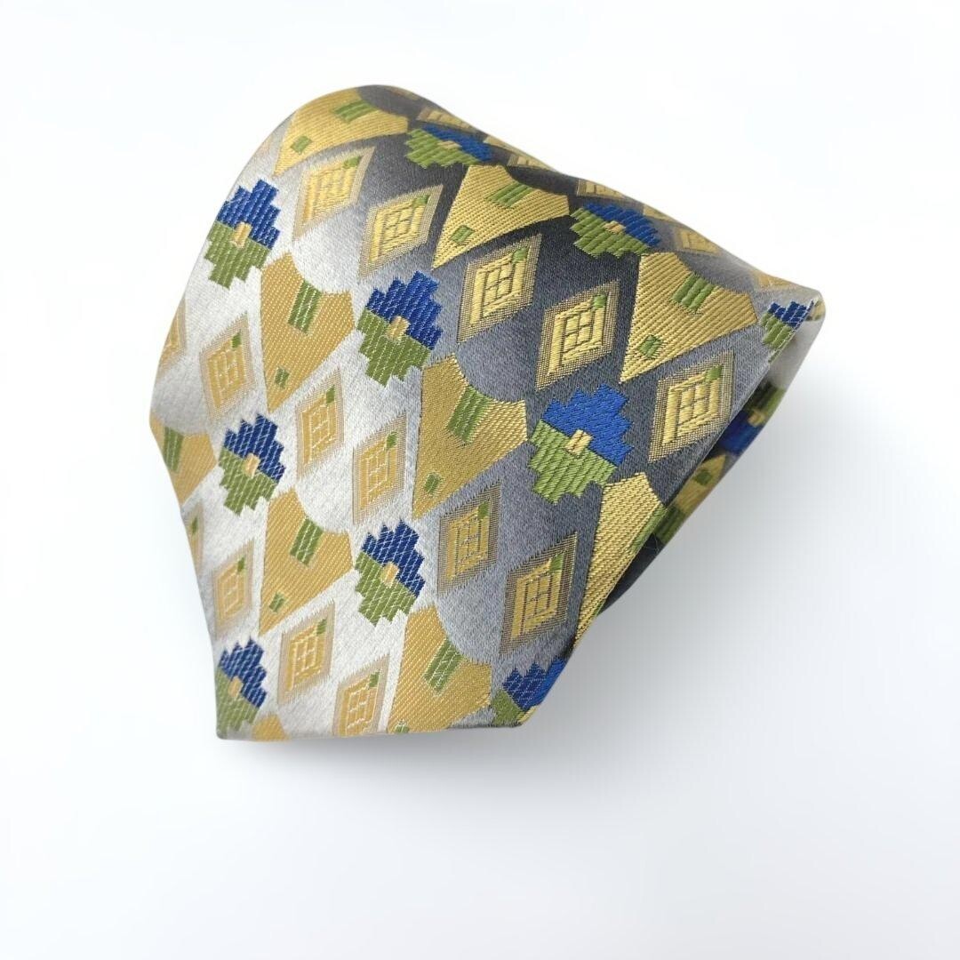 GIANNI VERSACE Tie Geometric Gray Black Yellow Green Blue Vintage Authentic