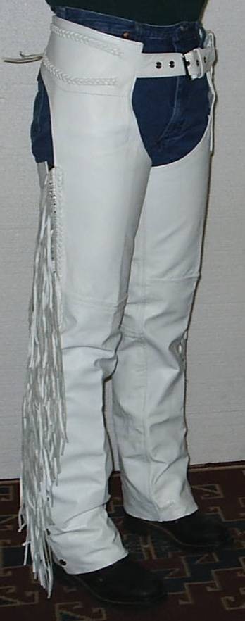 Ladies White Leather Chaps with Fringe 1044W