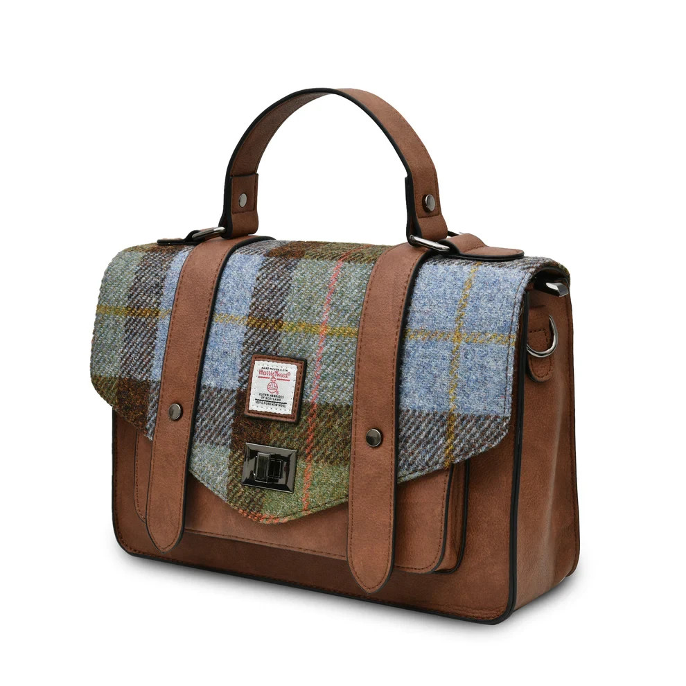 Large Satchel Bag Harris Tweed Chestnut Blue Tartan Zipped Pocket Shoulder Strap