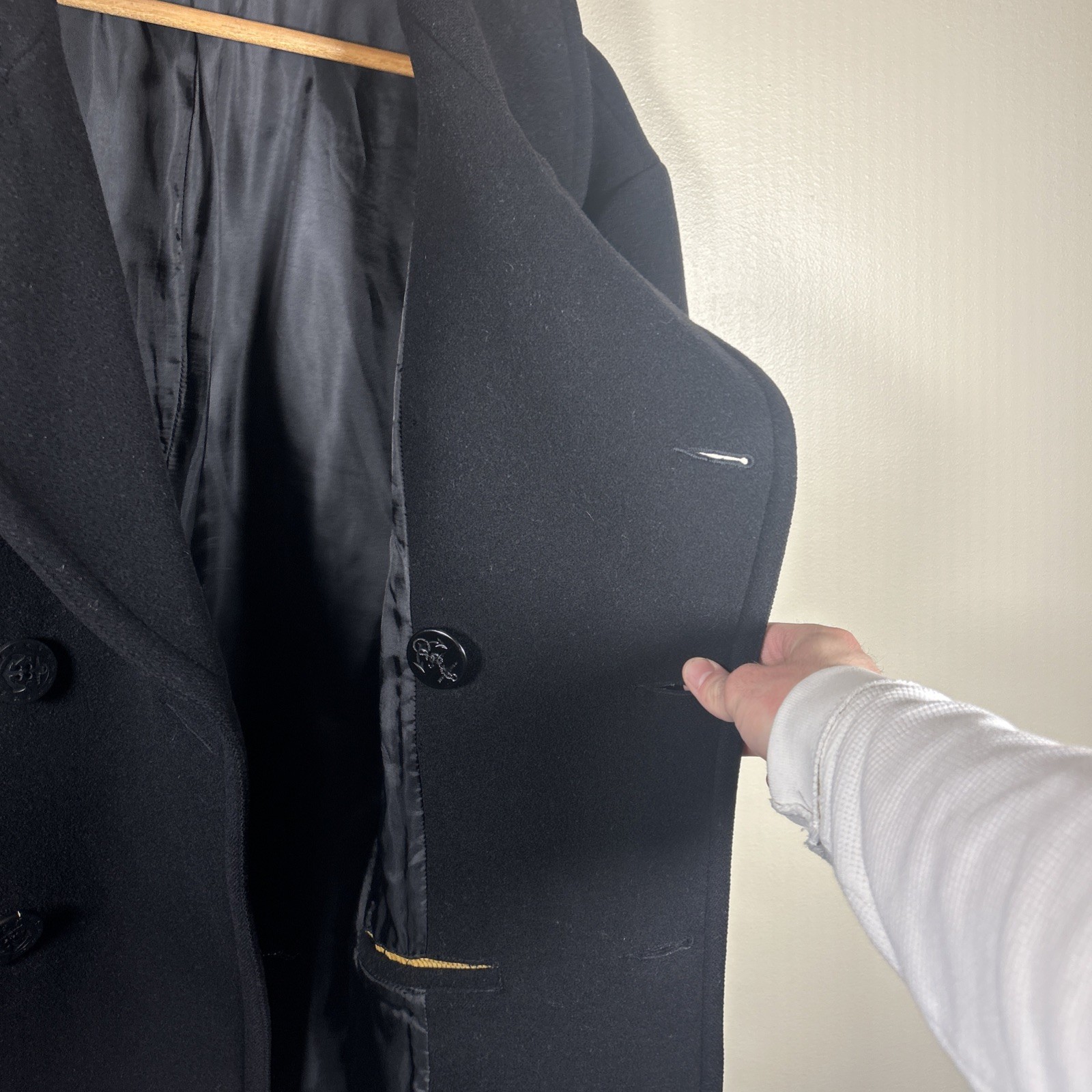 Polo Ralph Lauren Pea Coat Large Black Wool Double Breasted Anchor Naval RRL