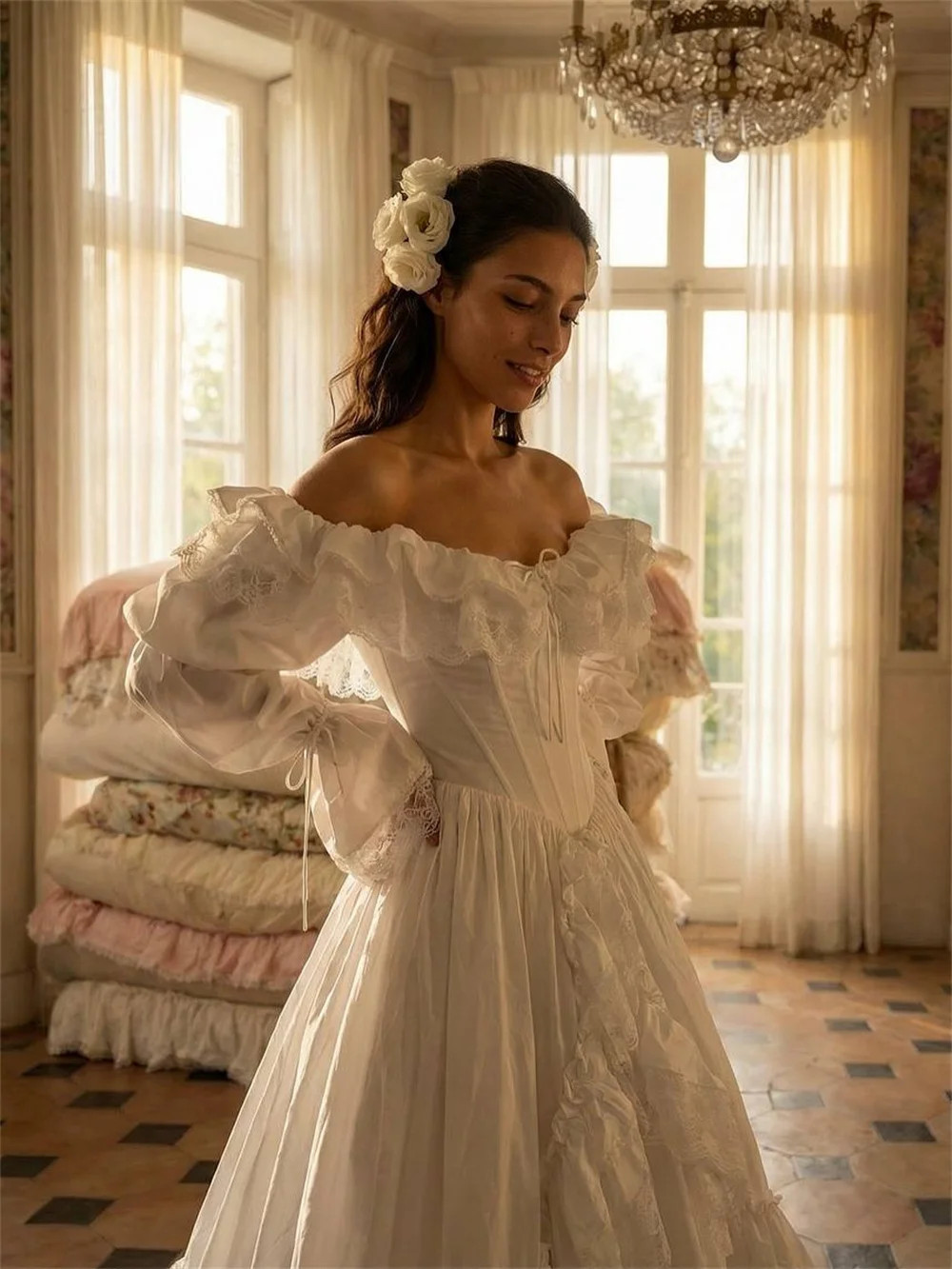Customized Wedding Party Long Sleeve Lace-Up Back Bridal Gown A-Line WeddingGown