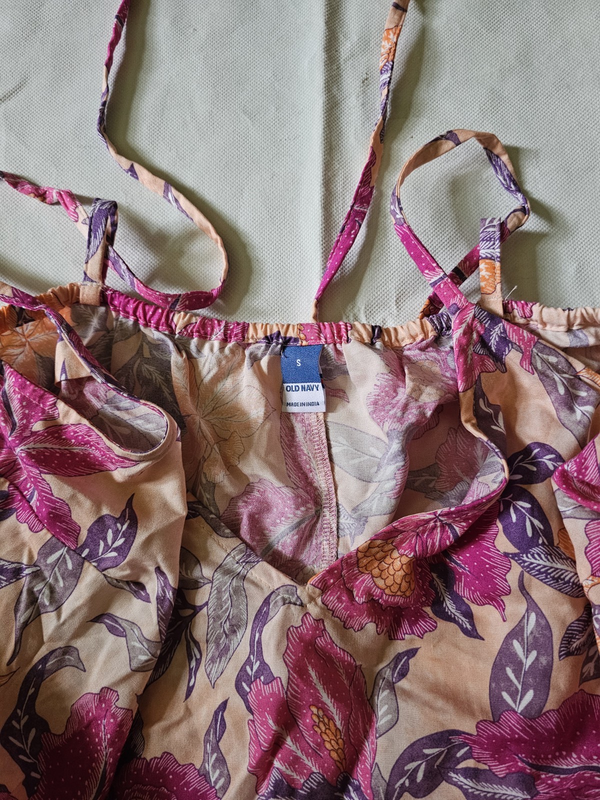 Old Navy Pink Beige Purple Floral Maxi Dress V-Neck Tie Spaghetti Straps S
