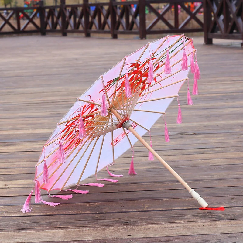 Cloth Parasol Umbrella 82cm Long Handle Silk Tassel Hanfu Cosplay Photo Prop
