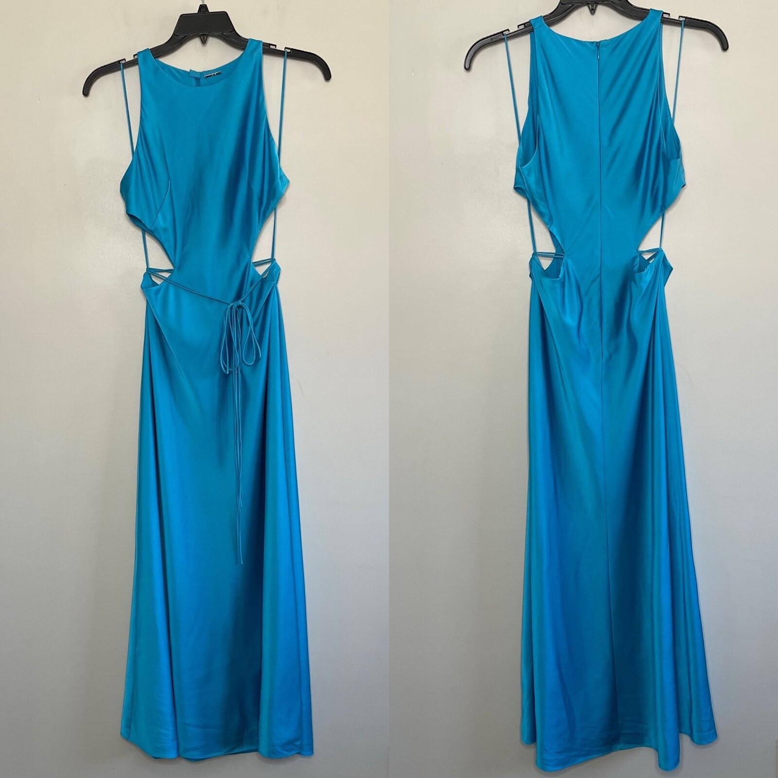 ALEXIS Lune Gown Women Large Blue Satin Sleeveless Cutout A-Line Maxi
