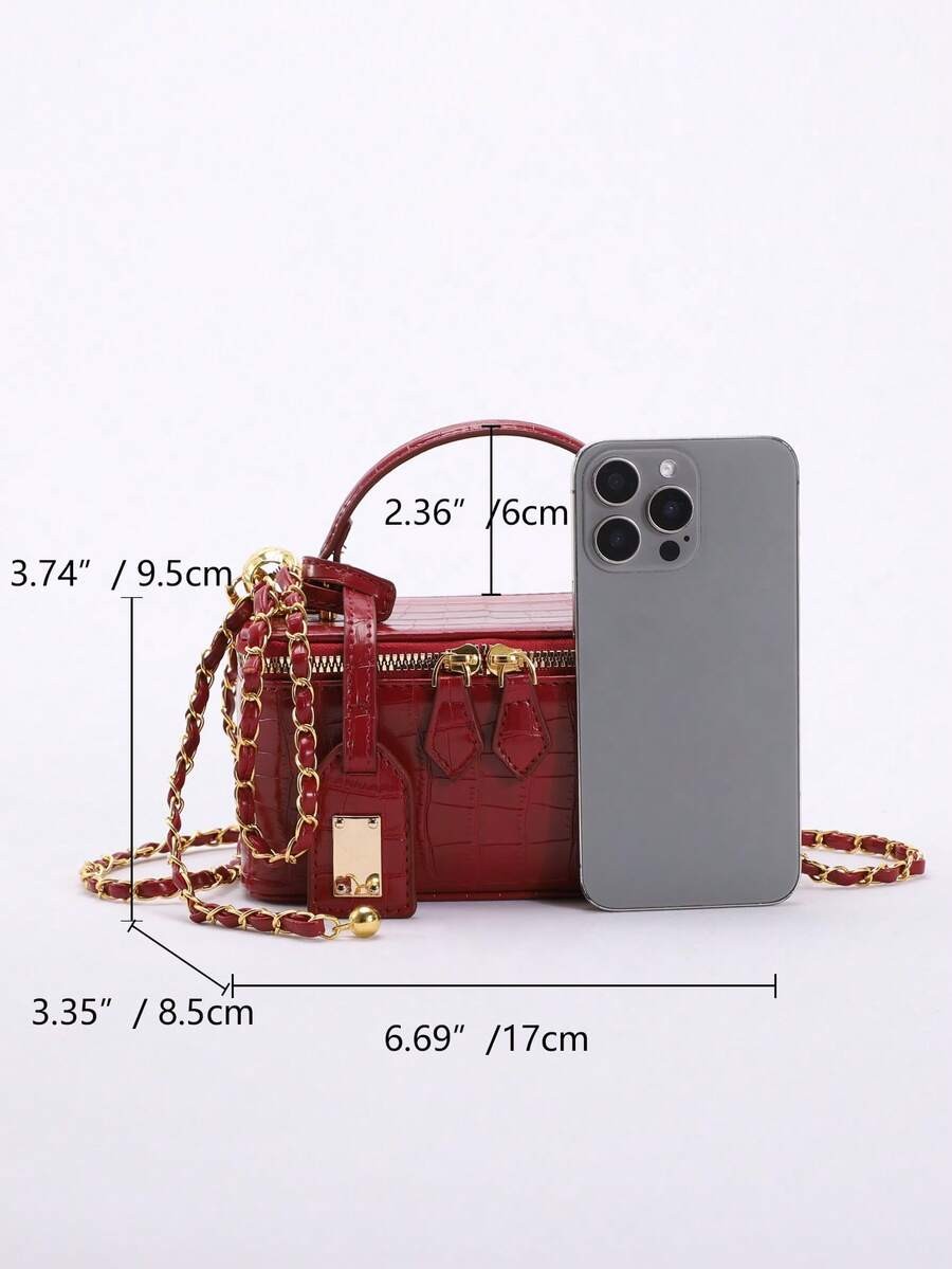 Mini Quilted Box Bag Rhinestone Embroidery Zipper Handbag Chain Strap Purse