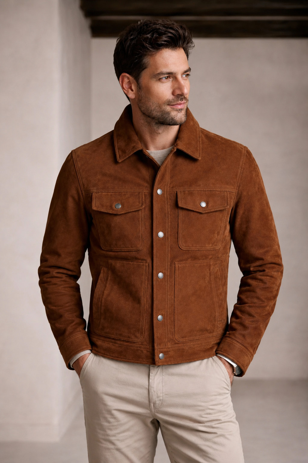Men’s Genuine Brown Suede Leather Jacket – Western Classic – Button Shirt Coat