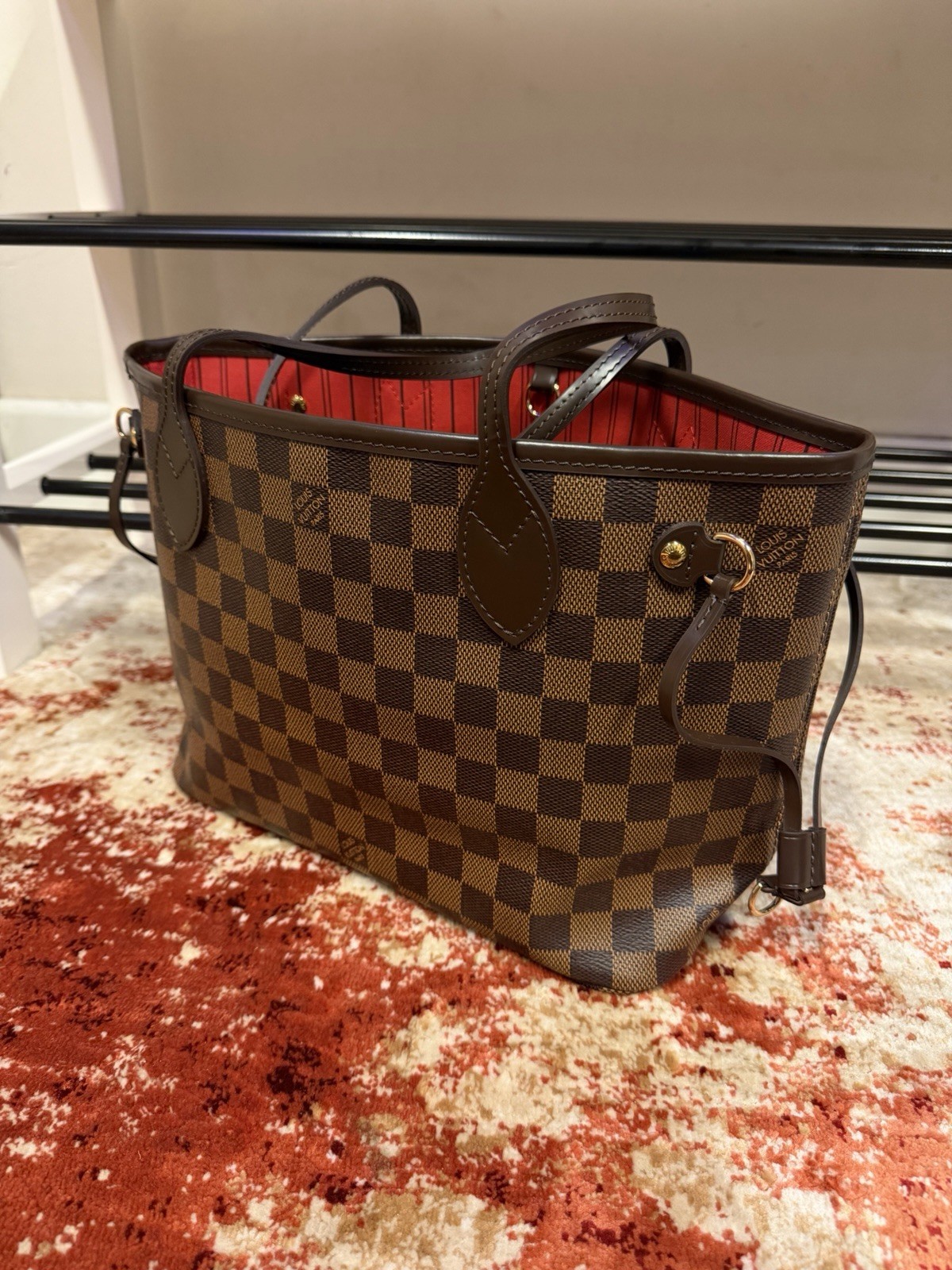 Louis Vuitton Neverfull Damier Ebene Tote PM Red Interior