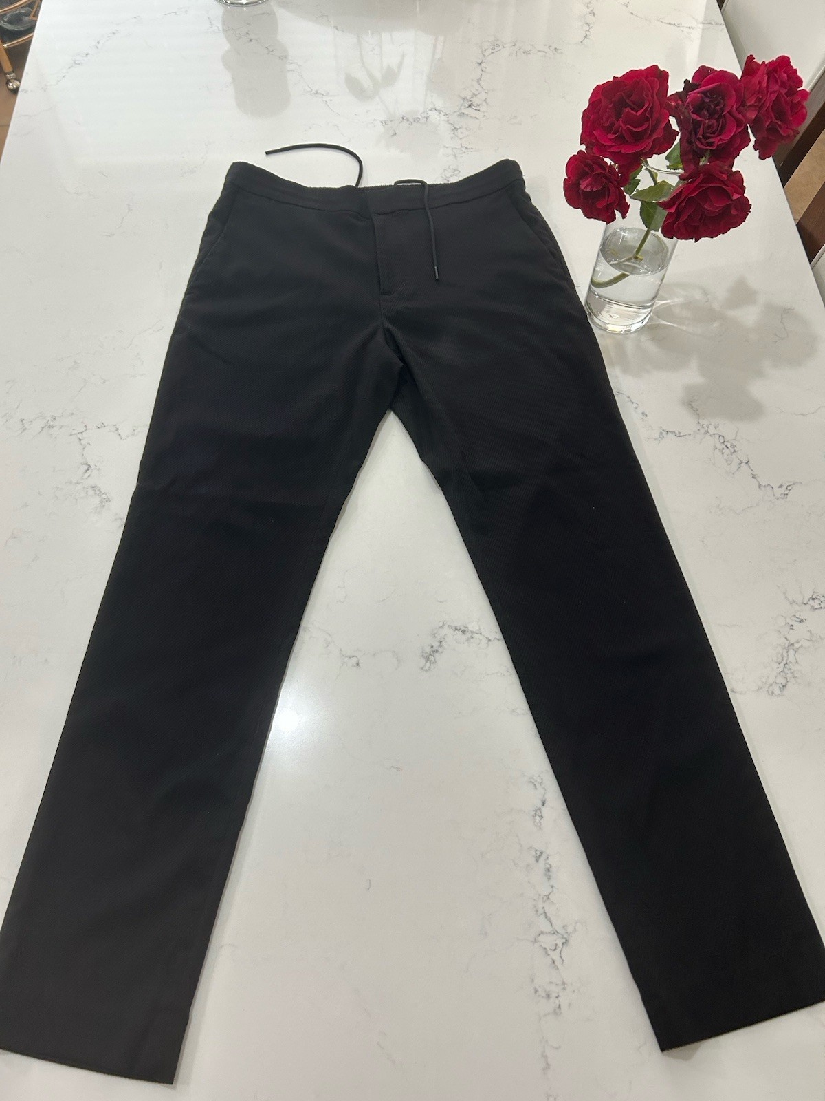 Perry Ellis Men’s Drawstring Dress Pants Black Slim Fit Stretch 34×32 Flat Front