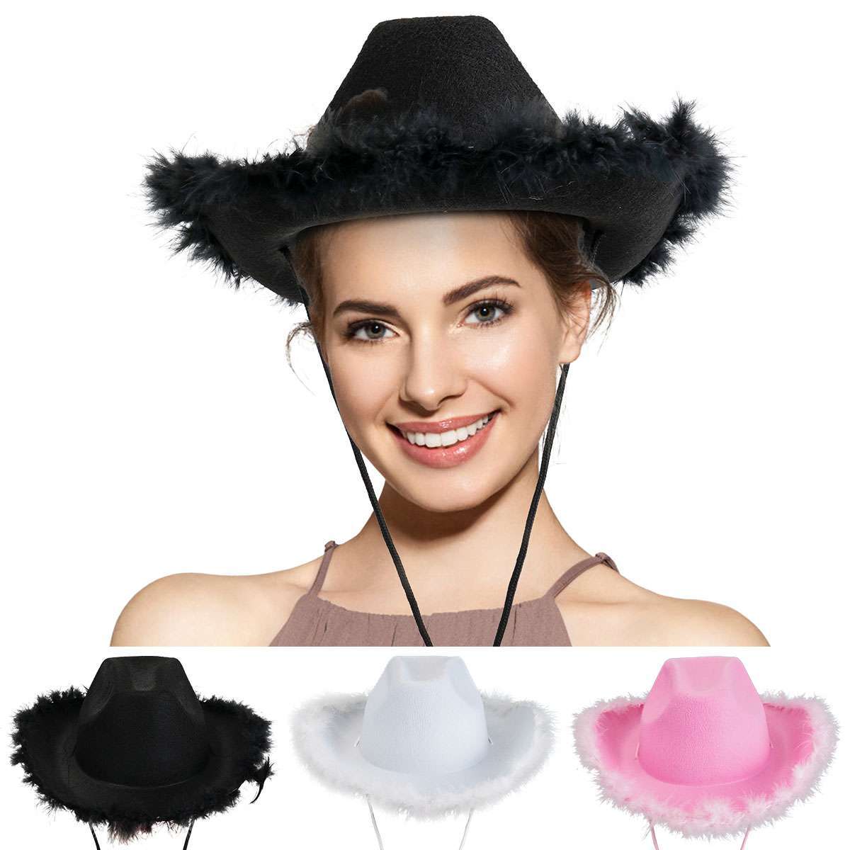 Cowgirl Hat with Fluffy Feather Novelty Cowboy Party Costume Role Play Cap Solid