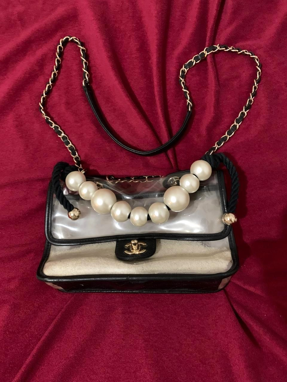 Sand by the Sea” Clear PVC Flap Bag Pearl Handle Black Trim