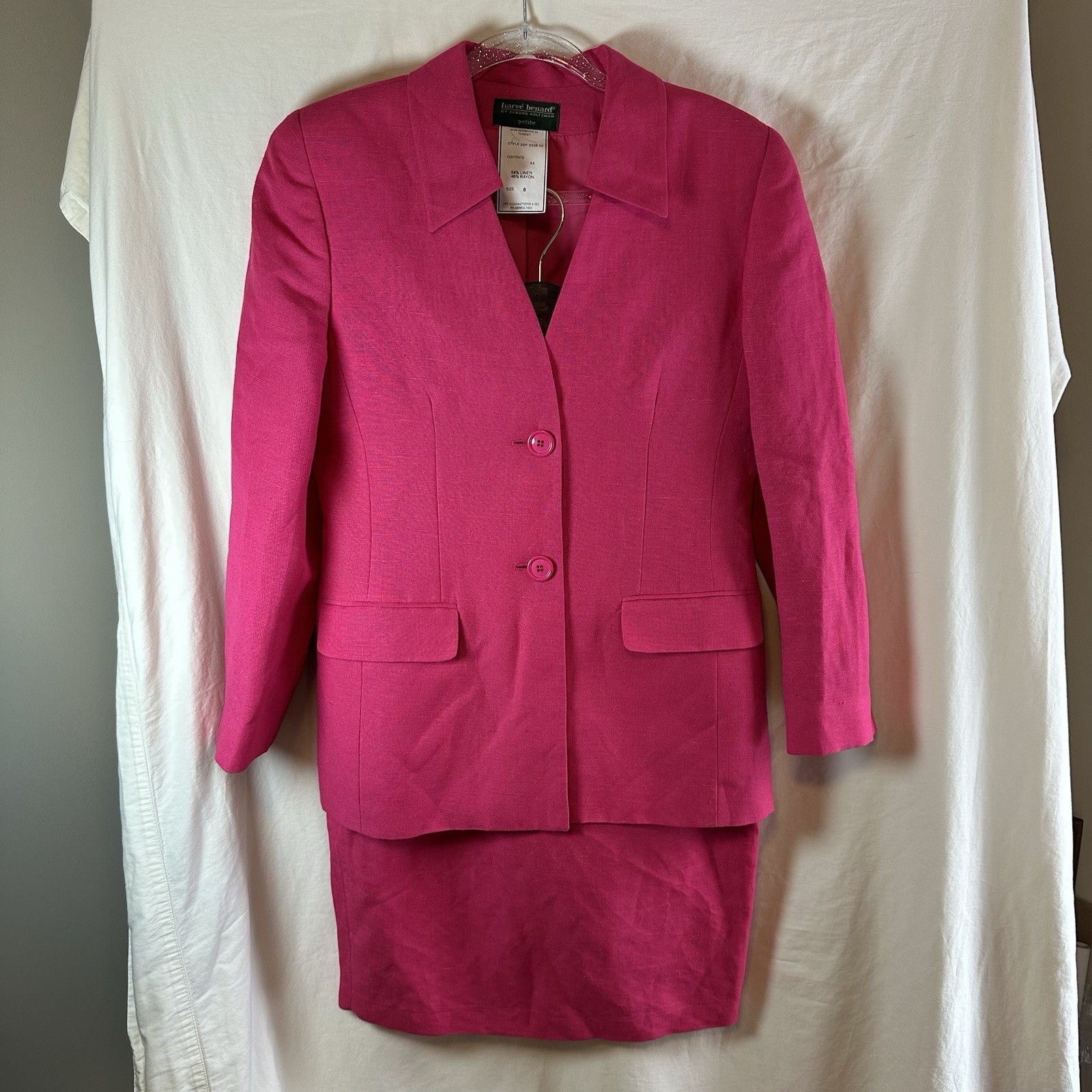Harvé Benard Petite 8 Hot Pink Linen Skirt Suit Blazer Set Career Power Suit