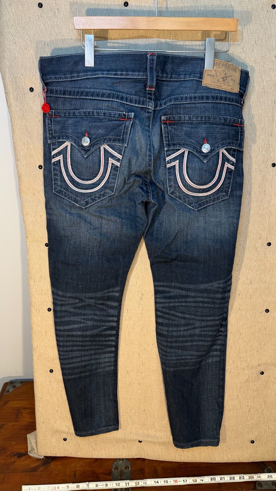 True Religion Straight Flap Red Stitch Dark Wash Jeans Mens 36×27