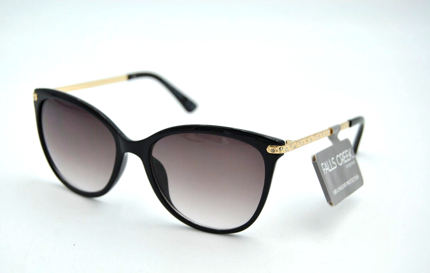 Falls Creek by Foster Grant MIREYA Black Gold Jeweled Cat Eye Sunglasses 100% UV