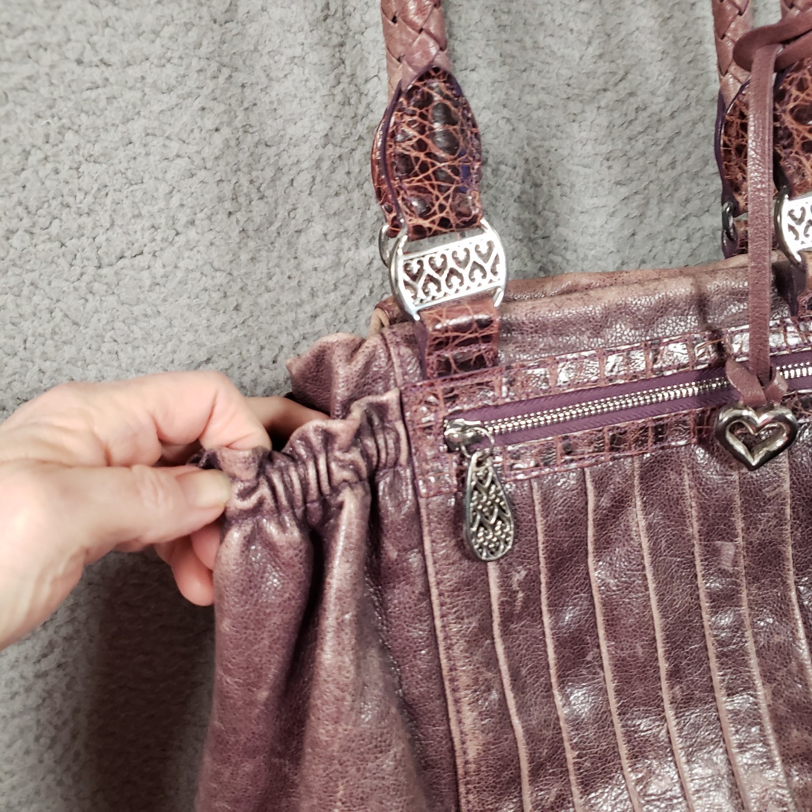 Brighton Purple Distressed Leather Shoulder Bag Pleat Elastic Pockets Heart Rare