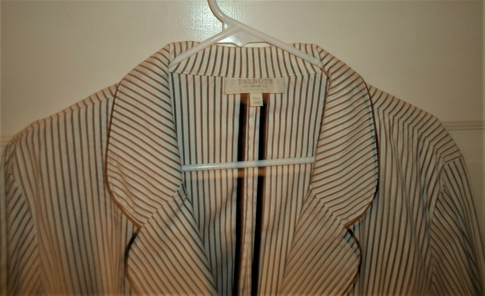 TALBOTS Sz 14W Cotton Spandex LS Gray & White Striped JACKET BLAZER 3-Button