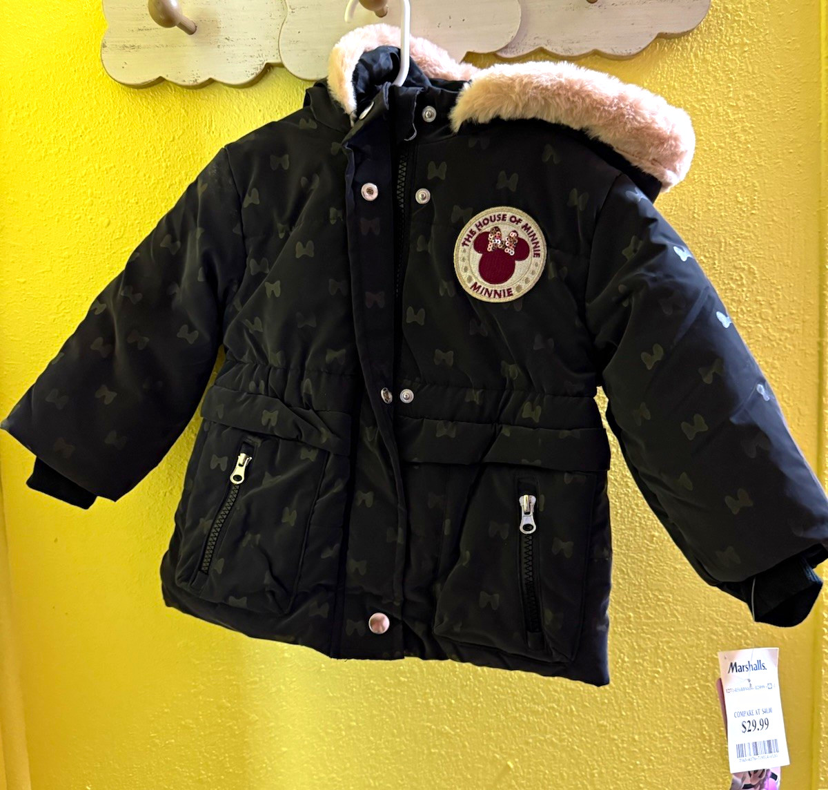 Disney Minnie Mouse Girls 2T Black Hooded Puffer Jacket Faux Fur Trim Zip